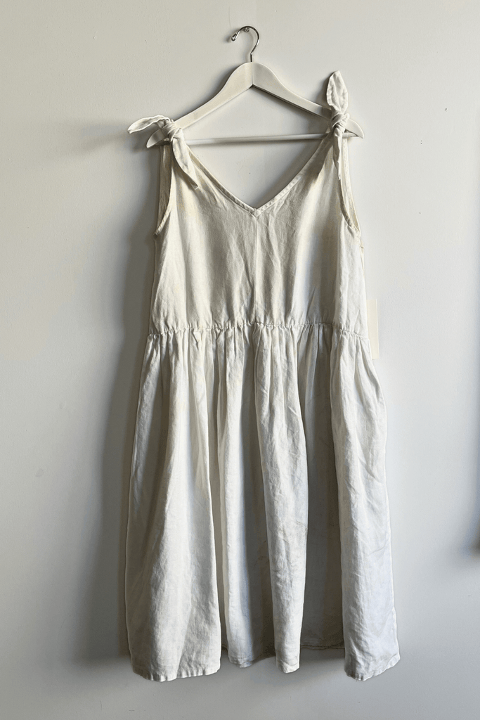 Eliza Faulkner Designs Inc. Dresses L - Fabric Stained on armhole Imperfect V-Neck Dress White Linen