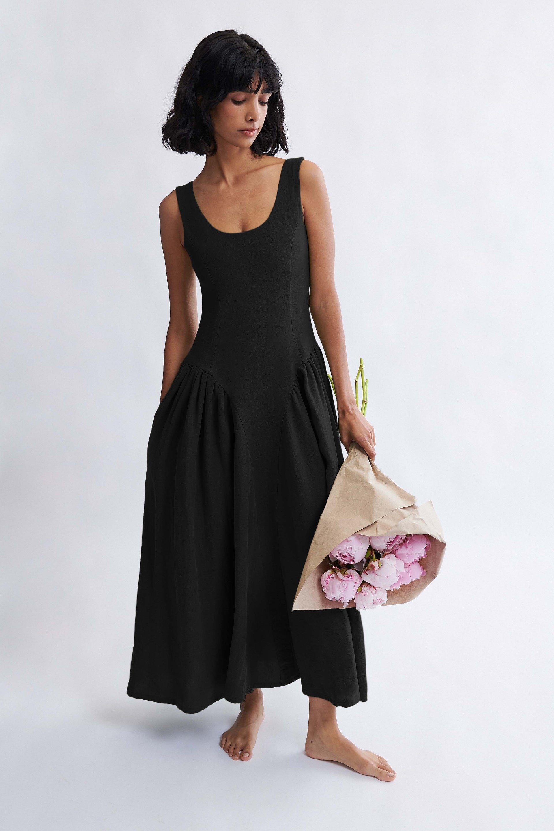 black maxi dress linen Sleeveless Linen Maxi Dress, Linen Summer Dress for Women, Casual Linen Dress, Long Linen Dress with Pockets, Linen Clothing, XS / Deep Green