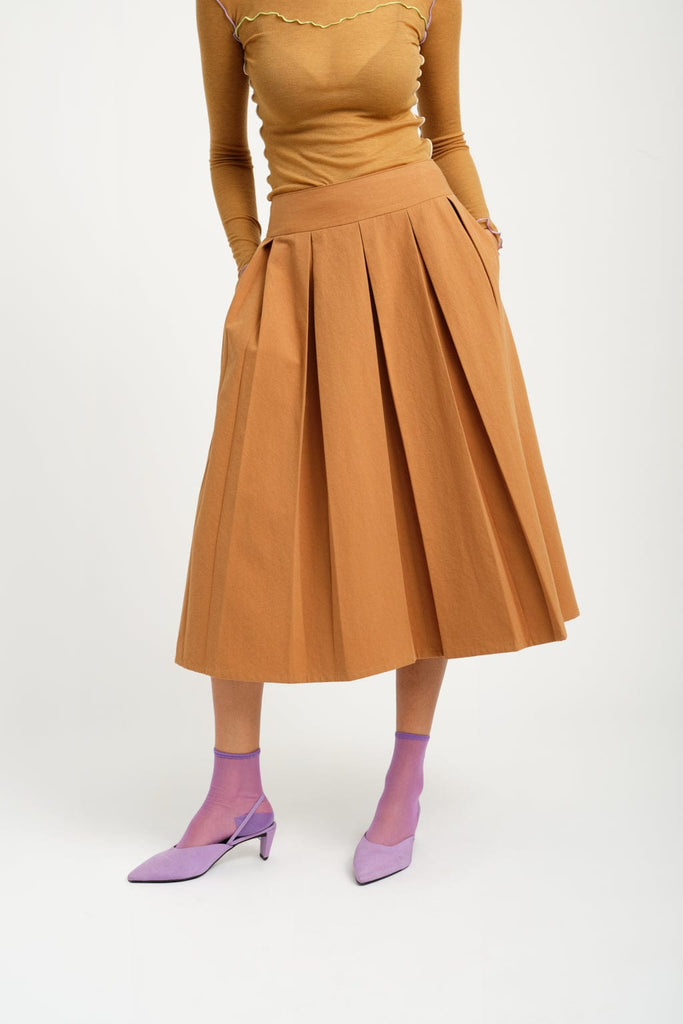 Eliza Faulkner Designs Inc. Pants S Sample Pleated Midi Skirt Camel