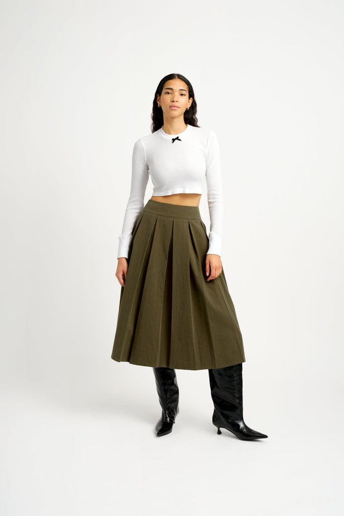 Eliza Faulkner Designs Inc. Pants S Sample Pleated Midi Skirt Khaki