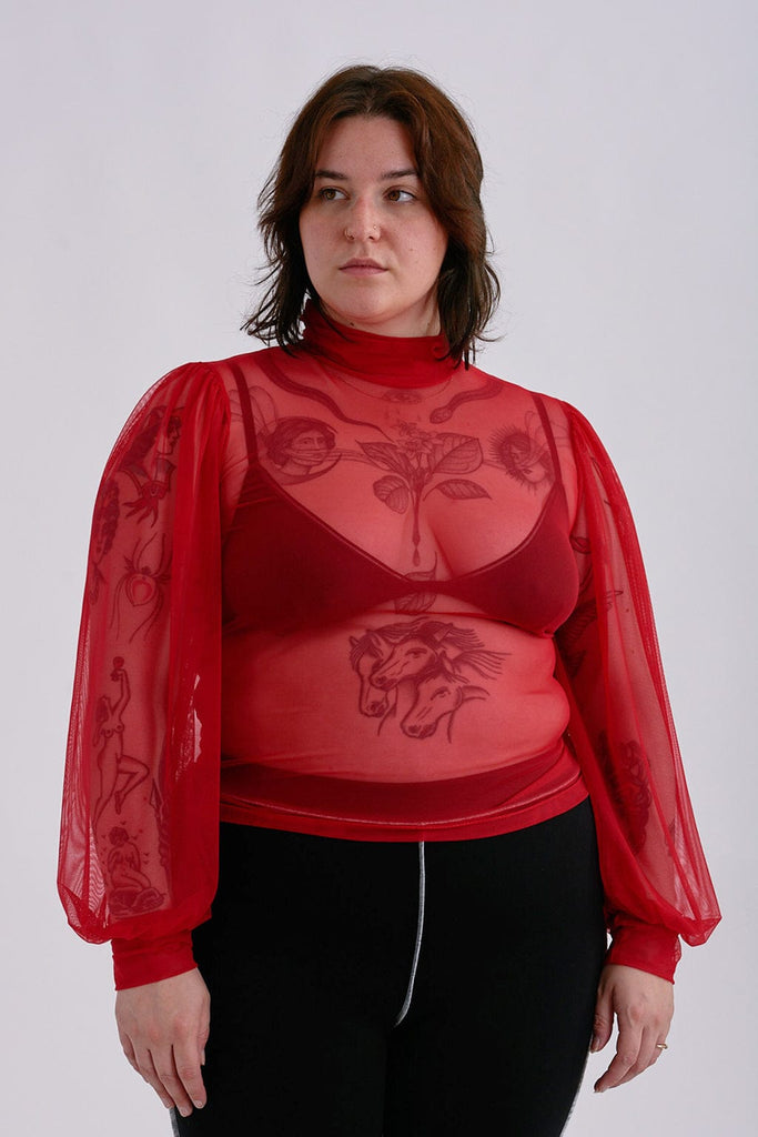 Eliza Faulkner Designs Inc. Tops Dolly Mesh Turtleneck Red