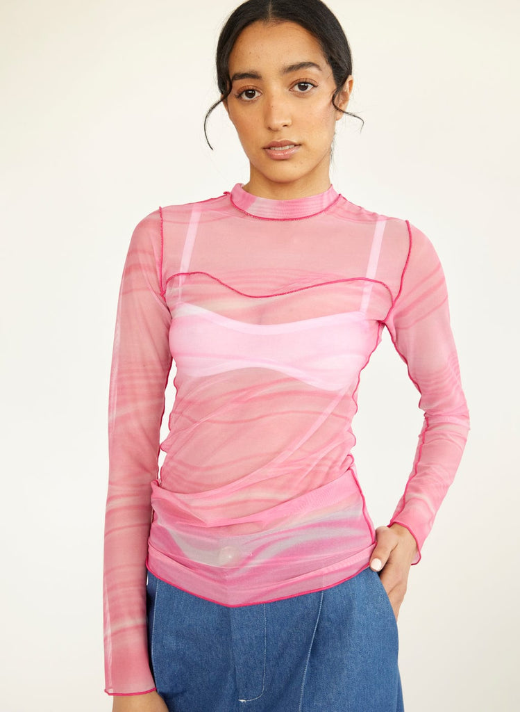Eliza Faulkner Designs Inc. Tops Pink Wave Mesh Mockneck